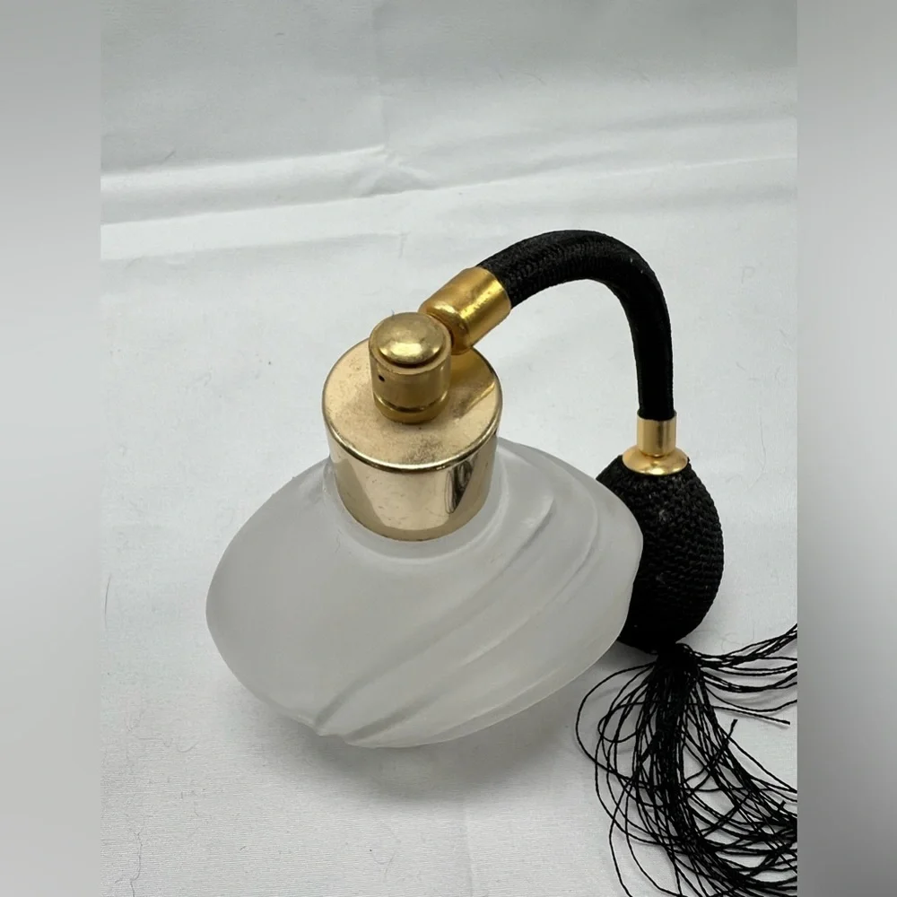 Vintage Frosted Swirl Glass with Black Pump Atomizer & Gold Accents (empty)